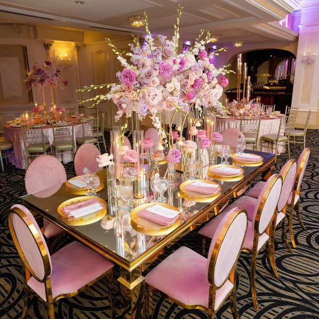 2024 Sillas de fiesta doradas personalizadas para banquetes de jardín al aire libre personalizadas de fábrica para eventos