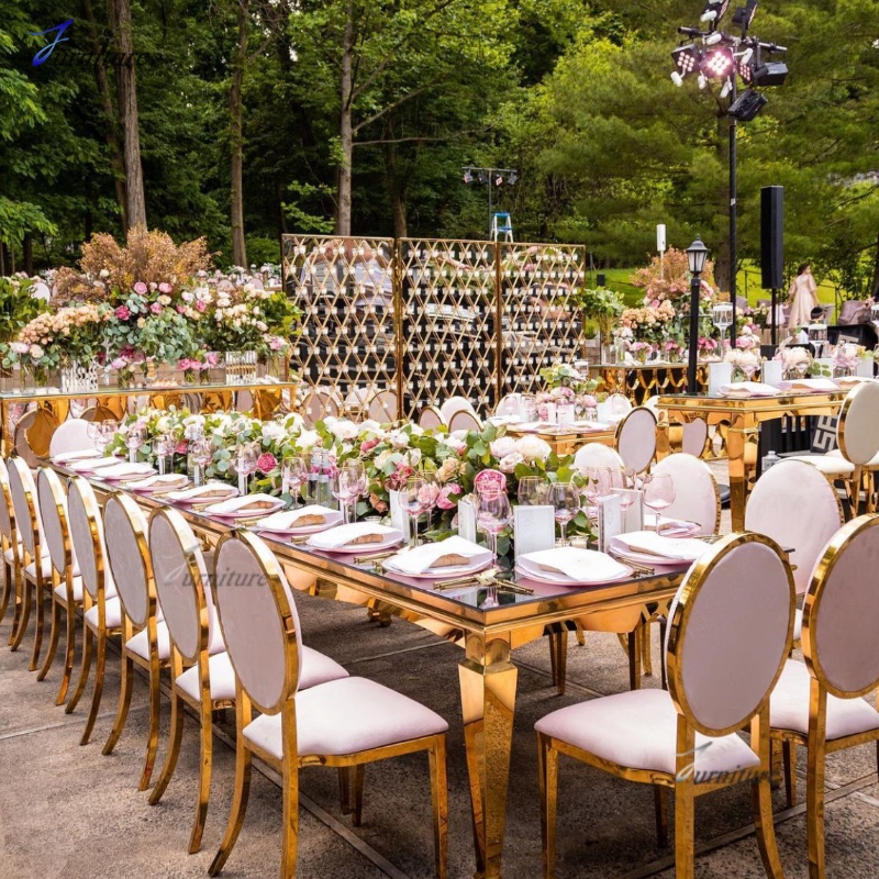 2024 Sillas de fiesta doradas personalizadas para banquetes de jardín al aire libre personalizadas de fábrica para eventos